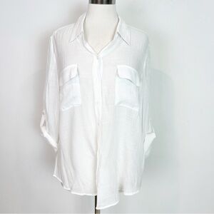 BCX WHITE SEMI SHEER LONG ROLL TAB SLEEVE BUTTON FRONT BLOUSE WOMENS SZ
XL